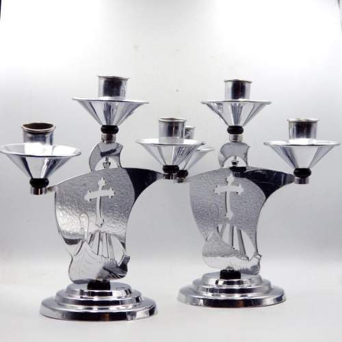 Art Deco 1930s Chrome Viking Ships Pair of Candlesticks Candleholders image-1