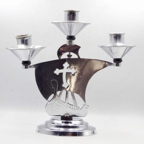 Art Deco 1930s Chrome Viking Ships Pair of Candlesticks Candleholders image-2