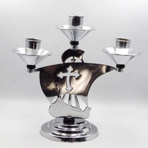 Art Deco 1930s Chrome Viking Ships Pair of Candlesticks Candleholders image-4