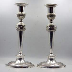 Fine Quality Pair of Adam Style Silver Plate Victorian Candlesticks