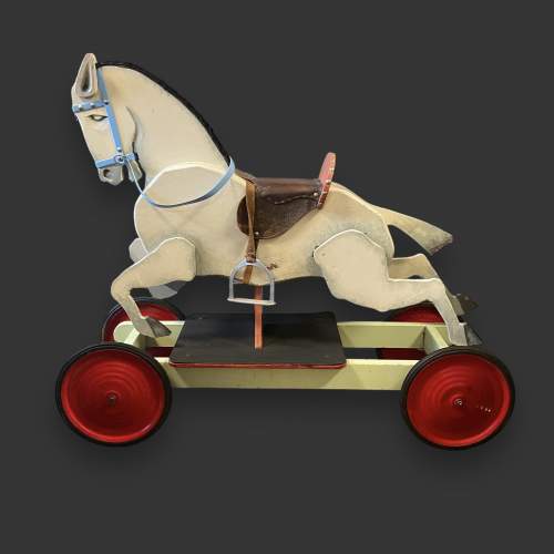 Vintage White Wooden Pull-Along Horse on Wheels image-1