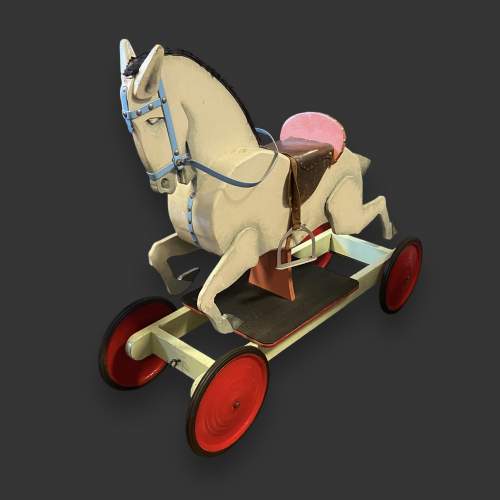 Vintage White Wooden Pull-Along Horse on Wheels image-2