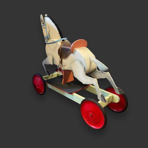 Vintage White Wooden Pull-Along Horse on Wheels image-3