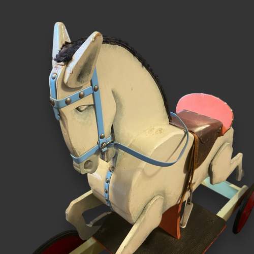 Vintage White Wooden Pull-Along Horse on Wheels image-4