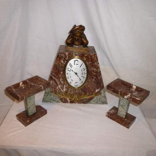 A Lovely  French Marble Art Deco Timepiece Garniture Set image-1