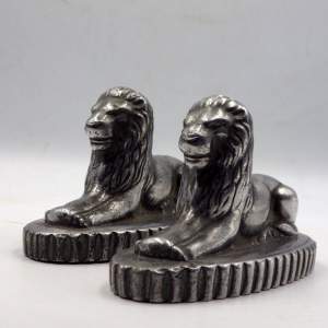 Recumbent Lions Pair of Vintage Aluminium Paperweights - Landseer Lions