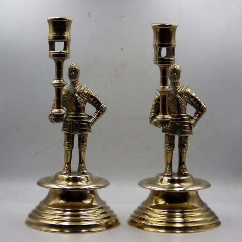 Medieval Knights Pair of Early 20th Century Brass Candlesticks image-1