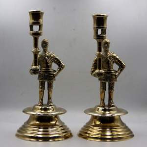 Medieval Knights Pair of Early 20th Century Brass Candlesticks