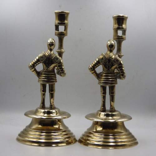 Medieval Knights Pair of Early 20th Century Brass Candlesticks image-2