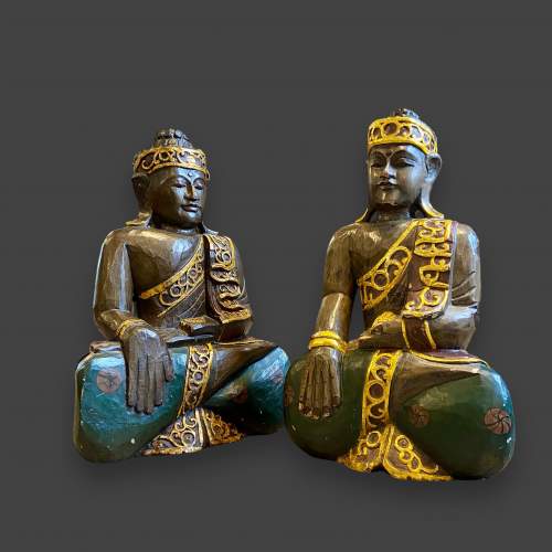 Pair of Carved and Hand Painted Wooden Buddhas image-1