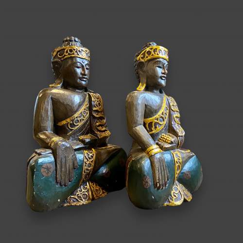 Pair of Carved and Hand Painted Wooden Buddhas image-2