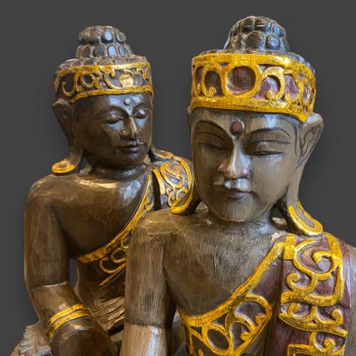 Pair of Carved and Hand Painted Wooden Buddhas image-4